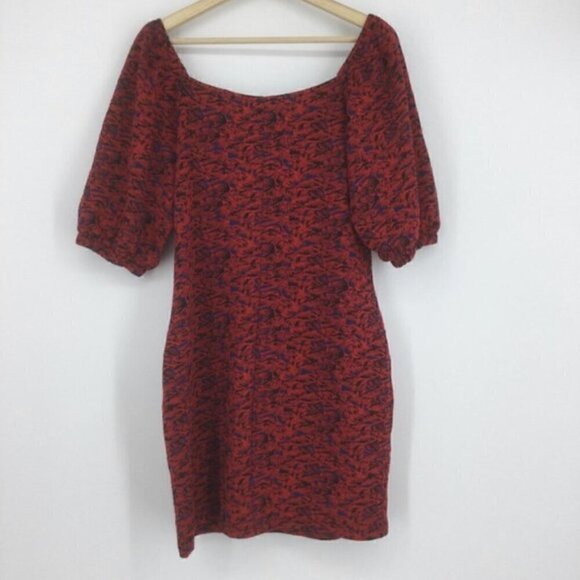 Free People Sunset Mini Dress L NWT Red Multi Print Puff Sleeve Bodycon Stretch - Picture 11 of 11